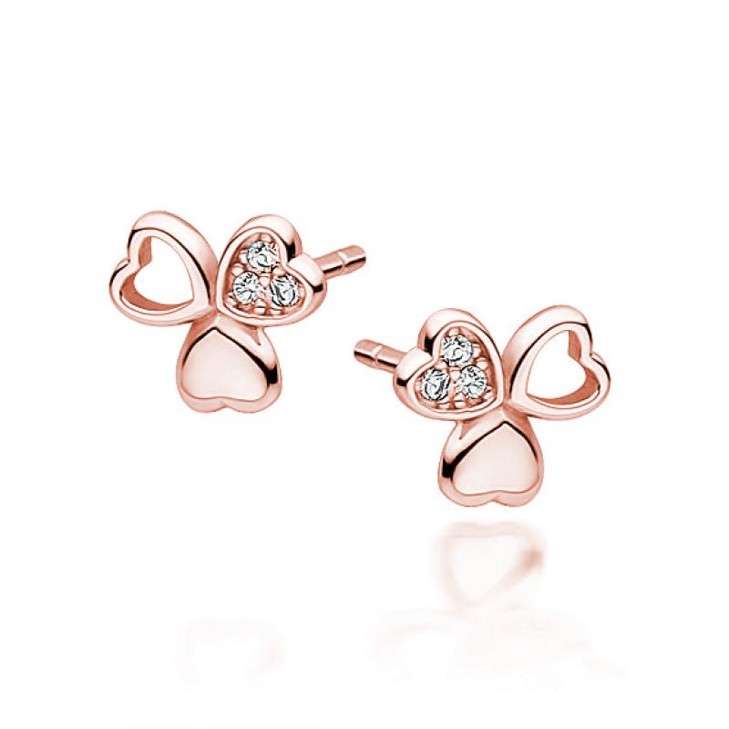 Dámské stříbrné náušnice Rose Gold Clover Heart Crystal