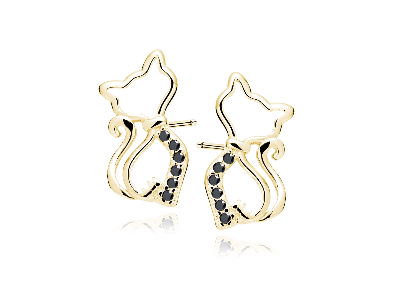 Dámské pozlacené stříbrné náušnice černá Kočka